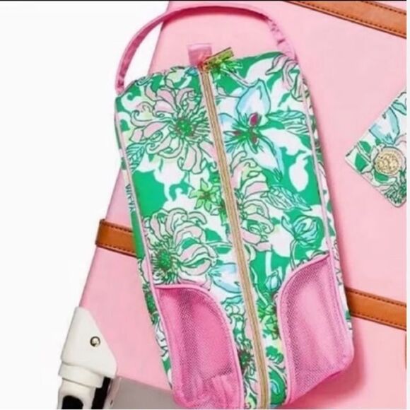 Lilly Pulitzer Floral Print Pink Accents Shoe Bag Spearmint Blossom Views GWP - Picture 3 of 10